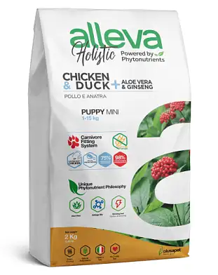 Alleva holistic dog сухой корм для щенков мелких и миниатюрных пород с курицей и уткой, алое вера и женьшенем