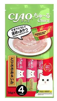 Inaba Ciao Churu лакомство-пюре для взрослых кошек с куриным филе и кальмаром