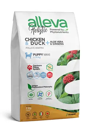 Купить alleva holistic puppy/junior chicken & duck maxi сухой корм для щенков крупных пород с курицей и уткой, алое вера и женьшенем 
