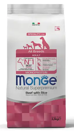 Купить monge dog speciality line monoprotein all breeds beef and rice сухой корм для взрослых собак всех пород из говядины с рисом