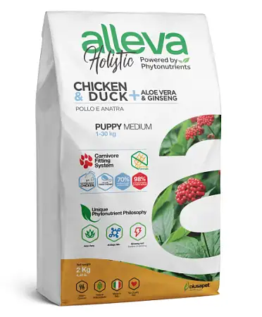 Купить alleva holistic puppy/junior chicken & duck medium сухой корм для щенков средних пород с курицей и уткой, алое вера и женьшенем