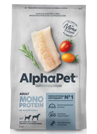 Купить  alphapet superpremium monoprotein сухой корм для взрослых собак средних и крупных пород с белой рыбой