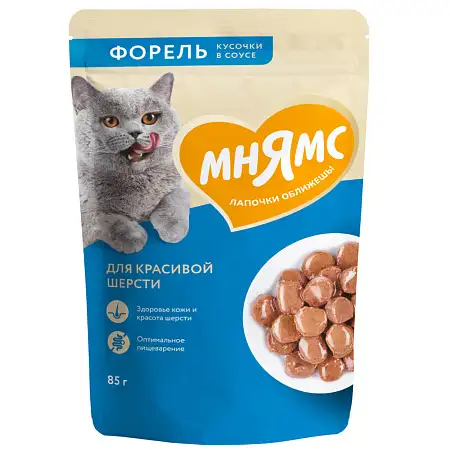 Купить Мнямс влажный корм для красивой шерсти кошек кусочки в соусе с форелью (пауч)