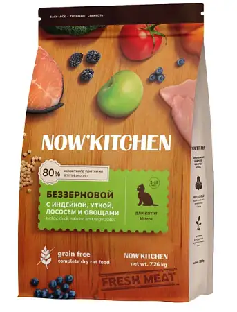 Купить now' kitchen сухой беззерновой корм для котят, со свежей индейкой, уткой, лососем и овощами