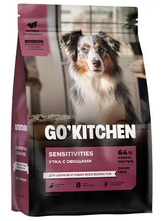 Купить go’kitchen sensitivities сухой беззерновой корм для щенков и собак всех возрастов с уткой и овощами с чувствительным пищеварением