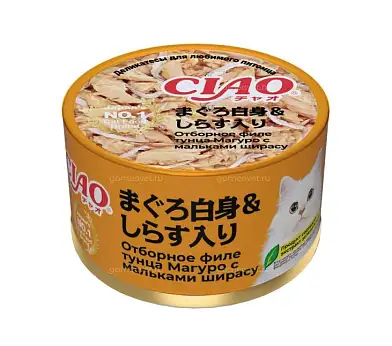 Inaba Консервы для кошек CIAO can Отборное филе тунца Магуро с мальками ширасу