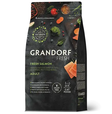 Купить grandorf fresh сухой беззерновой корм взрослых кошек с живыми пробиотиками, лосось и батат