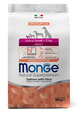 Купить monge dog speciality line monoprotein extra small сухой корм для взрослых собак мелких пород с лососем и рисом