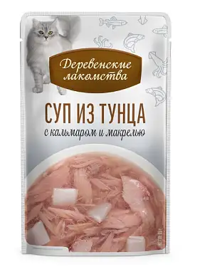 Деревенские лакомства набор паучей для кошек Суп из тунца с кальмаром и макрелью 4х35