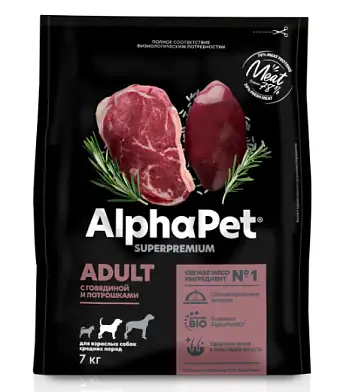 AlphaPet Superpremium сухой корм для взрослых собак средних пород с говядиной и потрошками