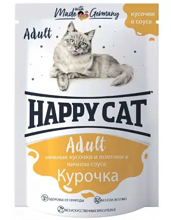 Купить happy cat влажный корм для взрослых кошек кусочки в соусе с курицей (пауч)