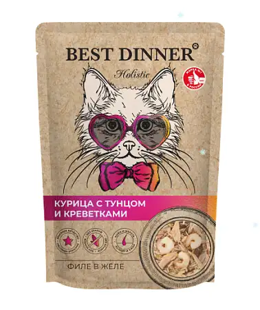 Купить best dinner holistic влажный корм для кошек филе в желе с курицей, тунцом и креветками (пауч)