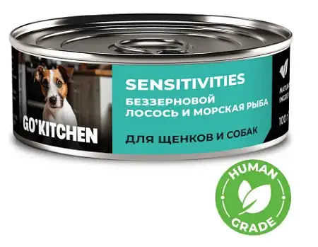 Купить go'kitchen консервы беззерновые для щенков и собак с лососем и морской рыбой
