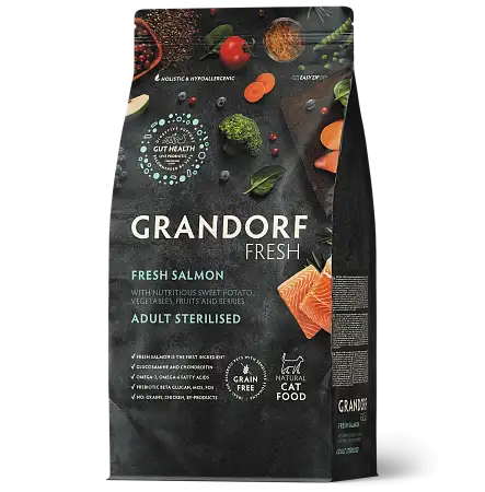 Купить grandorf fresh сухой беззерновой корм для стерилизованных кошек с живыми пробиотиками, лосось и батат