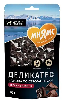 Мнямс Деликатес лакомство для собак Нарезка по-строгановски из печени северного оленя