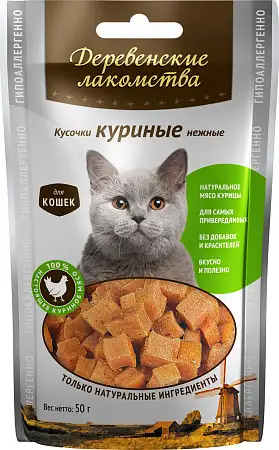 Купить Деревенские лакомства куриные кусочки нежные для кошек (100% мясо)